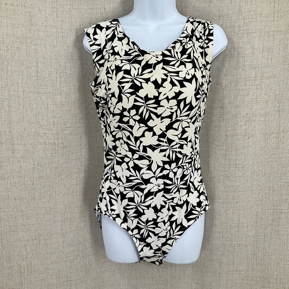 Lands End One Piece Swimsuit Womens 12 D Black White Floral Strappy Back